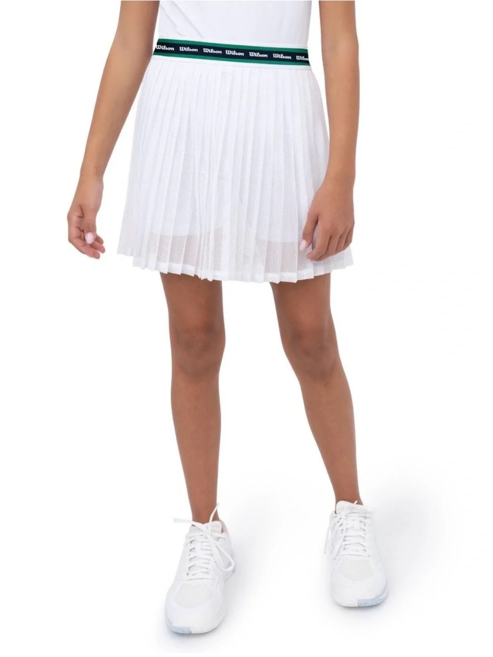 Wilson White Pleated Tennis Skort with Green-Trim Logo Waistband